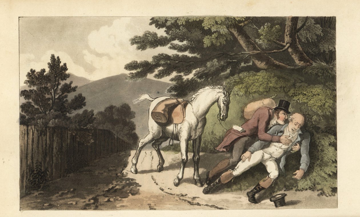 Johnny pomáhá cestovateli, který byl shozen z koně. Ručně kolorovaná mědirytina Thomase Rowlandsona z knihy Williama Combe The History of Johnny Quae Genus, the Little Foundling of the late Doctor Syntax. od Thomas Rowlandson
