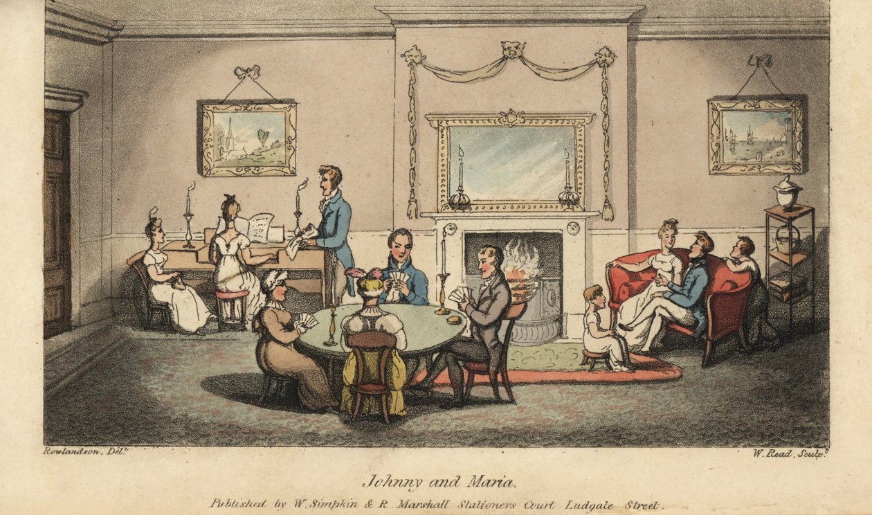Johnny se dvoří Marii v salonu, zatímco ostatní hrají karty a zpívají písně před krbem. Ručně kolorovaná mědirytina od W. Reada podle ilustrace Thomase Rowlandsona z knihy Alfreda Burtona The Adventures of Johnny Newcombe in the Navy, Si od Thomas Rowlandson