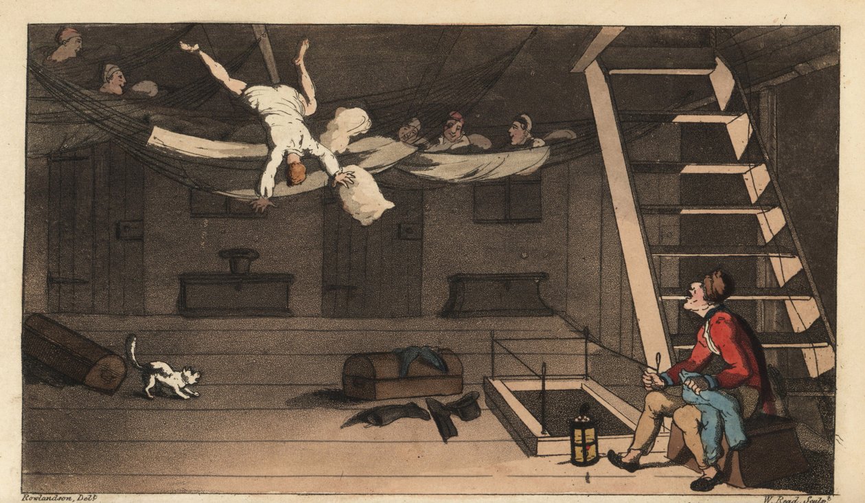 Johnny vypadne ze své houpací sítě ve své kajutě. Ručně kolorovaná mědirytina od W. Reada podle ilustrace Thomase Rowlandsona z knihy Alfreda Burtona The Adventures of Johnny Newcombe in the Navy, Simpkin, London od Thomas Rowlandson