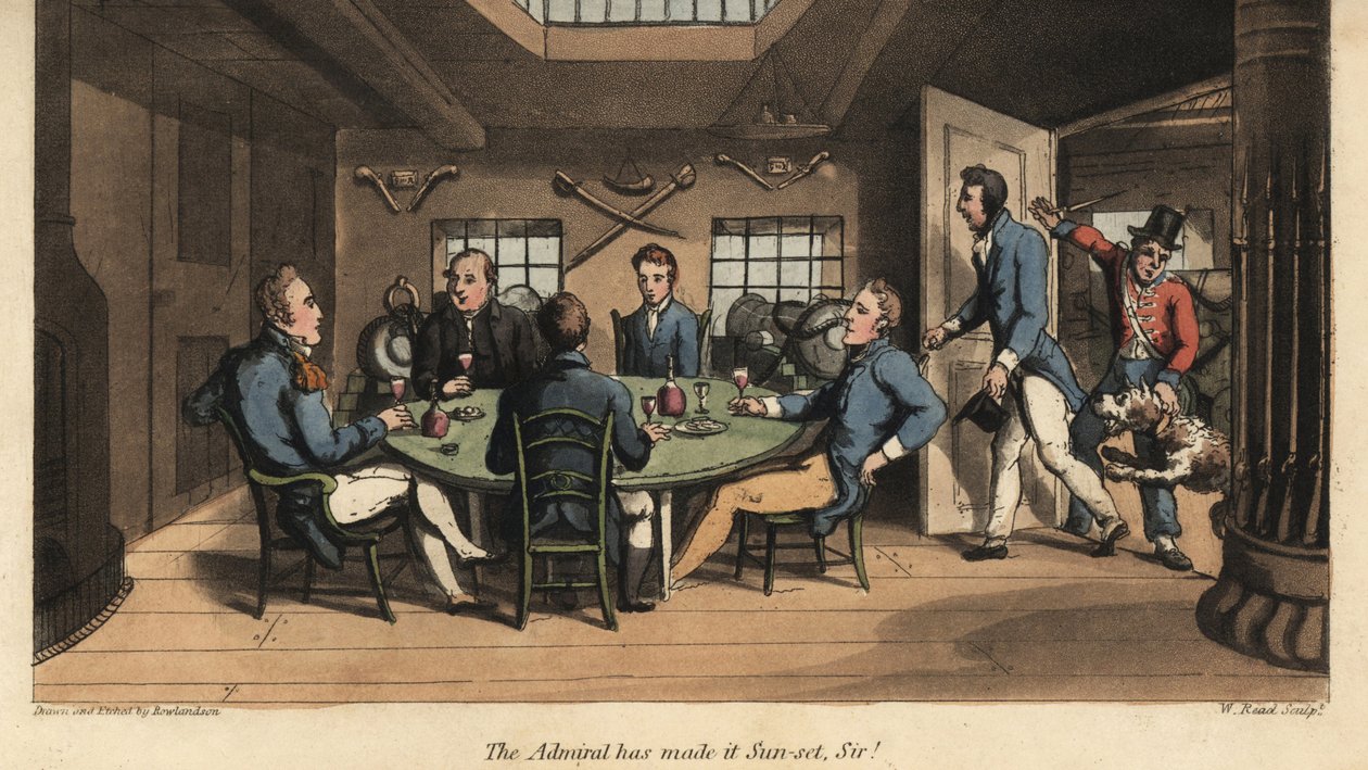 Johnny se připojí ke kapitánovi v jeho kajutě na drink s ostatními důstojníky. Admirál už zapadl, pane! Ručně kolorovaná mědirytina od W. Reada podle ilustrace Thomase Rowlandsona z knihy Alfreda Burtona Dobrodružství Johnnyho Newcomba i od Thomas Rowlandson