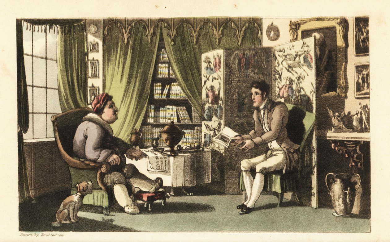 Johnny čte siru Jefferymu Gourmandovi ve své pracovně. Ručně kolorovaná mědirytina Thomase Rowlandsona z knihy Williama Combe The History of Johnny Quae Genus, the Little Foundling of the late Doctor Syntax. od Thomas Rowlandson
