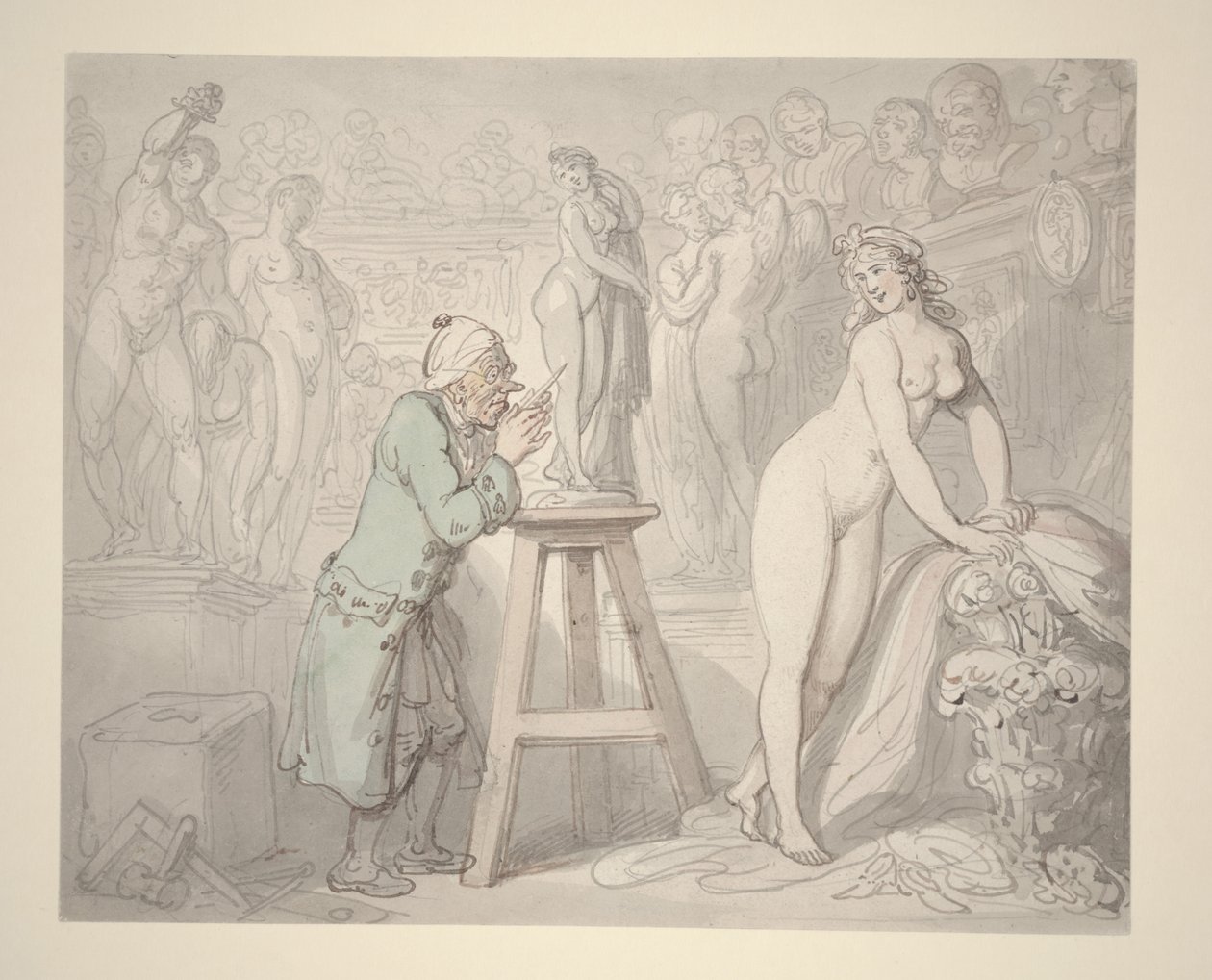 Joseph Nollekens ve svém studiu, kolem roku 1810 (tužka, inkoust a akvarel na papíře) od Thomas Rowlandson
