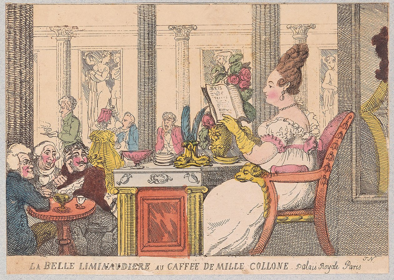 La Belle Liminaudiere v Café de Mille Colonne, Palais Royal, Paříž, hospoda. 1814 (ručně kolorovaná rytina) od Thomas Rowlandson