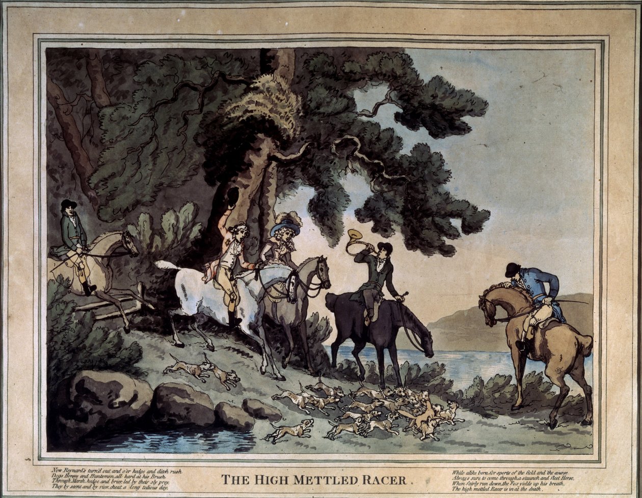 Setkání vysokých kurýrů (Vysoce zdatný závodník). Kresba Thomase Rowlandsona (1756-1827). Lept a akvarel od Thomas Rowlandson