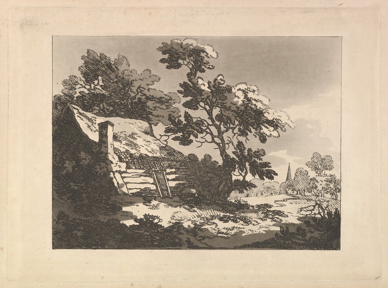 Krajina s chaloupkou mezi stromy vlevo a vzdálenou kostelní věží vpravo od Thomas Rowlandson