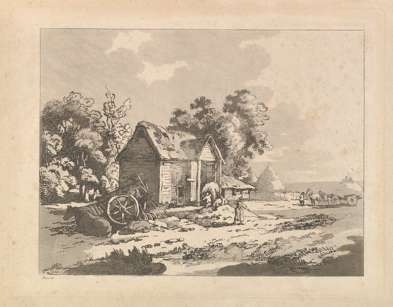 Krajina s postavami skladujícími seno ve stodole, vlevo ležící vůz a kůň, 1783-84. od Thomas Rowlandson
