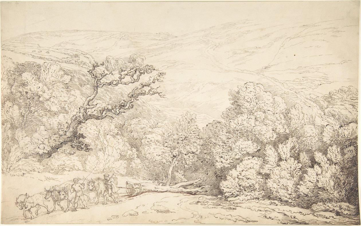 Krajina s voly a pokáceným stromem od Thomas Rowlandson