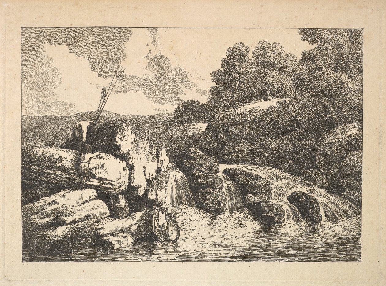 Krajina se dvěma rybáři šplhajícími po skalách vedle vodopádu, 1784-88. od Thomas Rowlandson
