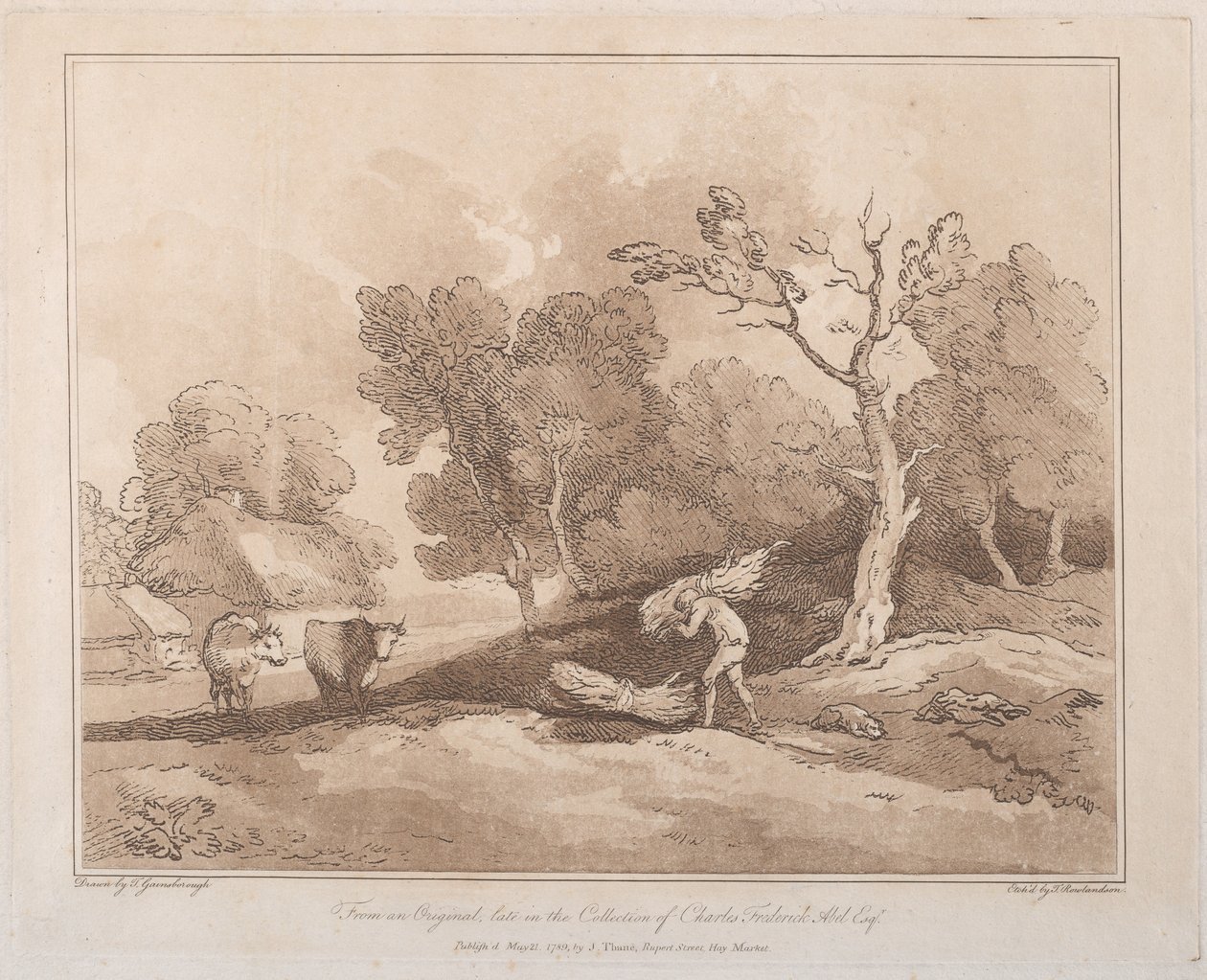 Krajina s postavou nesoucí svazek větví, za kopci, dvě krávy i..., 21. května 1789. od Thomas Rowlandson
