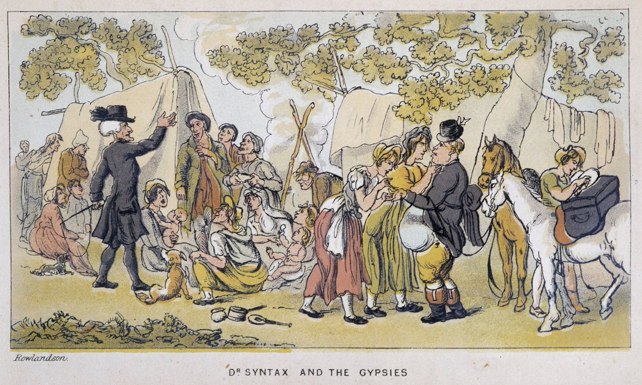 Le docteur et les Gypsies (ou Romanichels) - ve „“Třech cestách doktora Syntaxe: hledání malebné útěchy a manželky““ od Williama Combe, ill. Rowlandson od Thomas Rowlandson