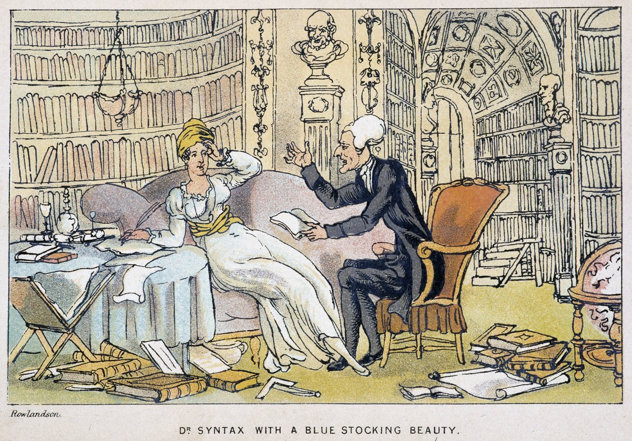 Le docteur et une intellectuelle - ve „“Třech cestách doktora Syntaxe: při hledání malebné útěchy a manželky““ od Williama Combe, ill. Rowlandson od Thomas Rowlandson