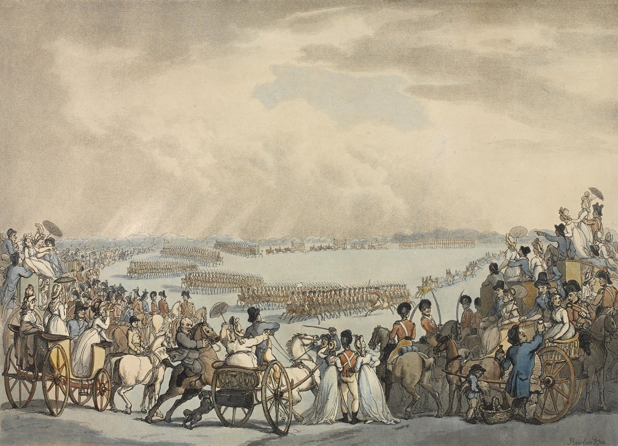 Light Horse Volunteers z Londýna a Westminsteru, velel plukovník Herries, zkontrolováno Jeho Veličenstvom na Wimbledon Common, 5. července 1798 (barevná akvatinta) od Thomas Rowlandson