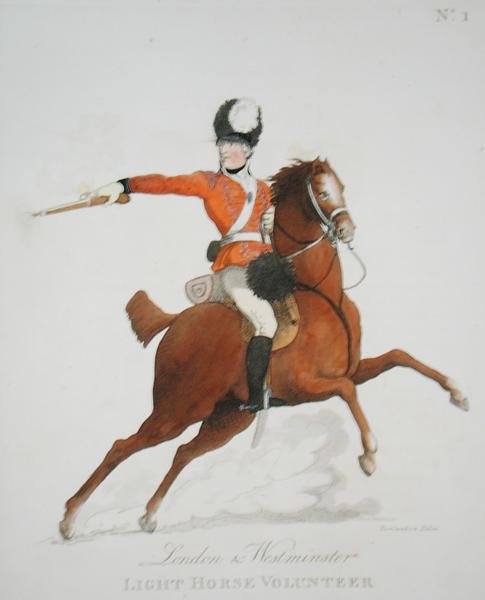 London and Westminster Light Horse Volunteer, deska 1 z „Loyal Volunteers of London and Environs“, vydáno 1798 (barevně lito) od Thomas Rowlandson