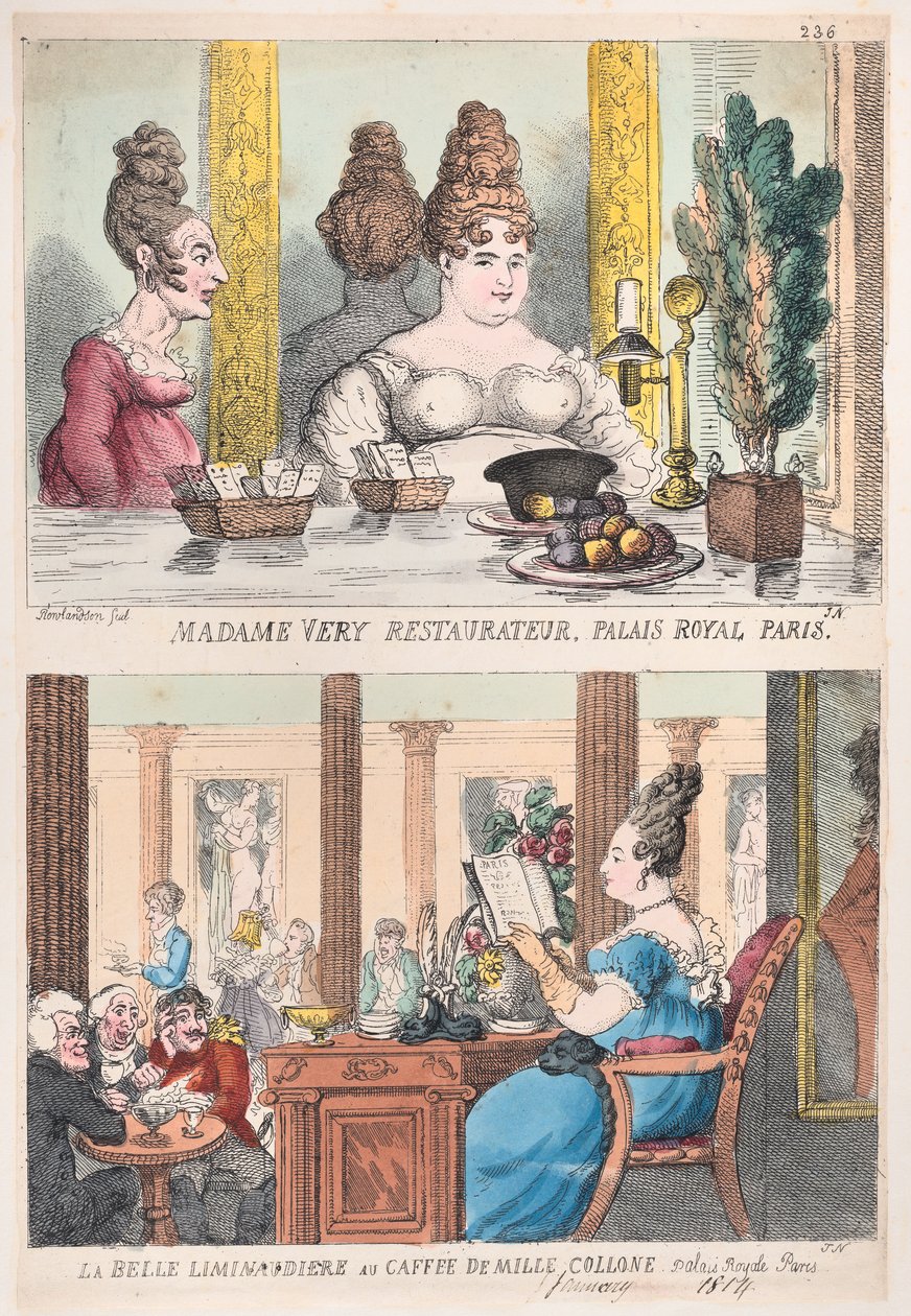 Madame Very Restauranteur, Palais Royal Paris a La Belle Liminaudiere v Caffee De Mille..., 1814. od Thomas Rowlandson
