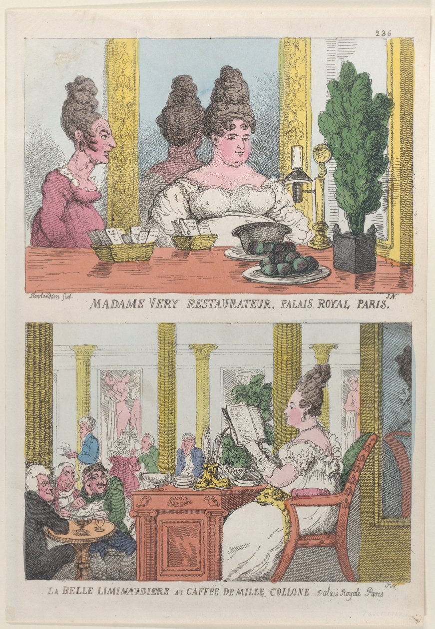 Madame Very Restauranteur, Palais Royal Paris a La Belle Liminaudiere v Caffee De Mille..., 1814. od Thomas Rowlandson