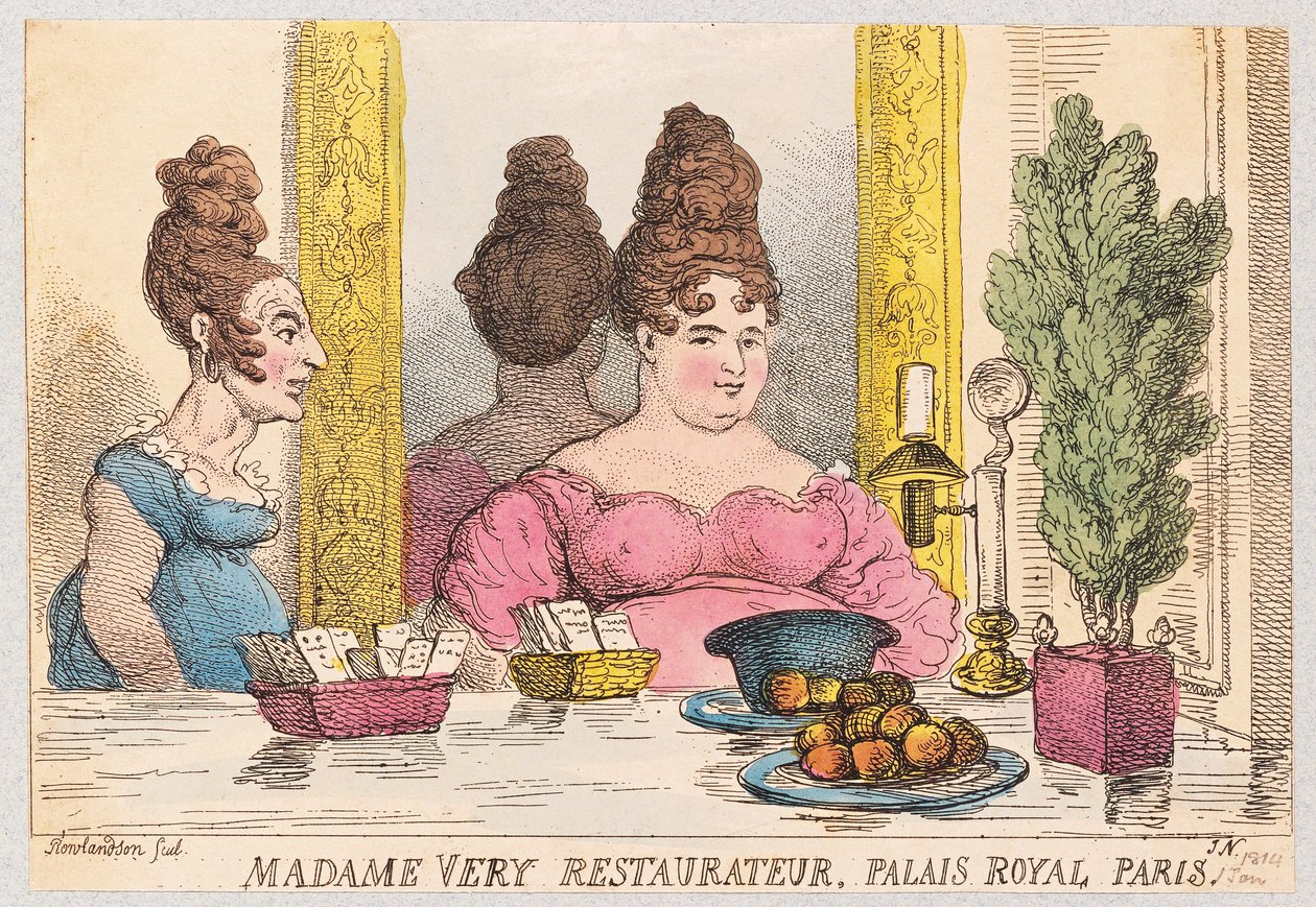 Madame Very, Restaurateur, Palais Royal, Paříž, hospoda. 1814 (ručně kolorovaná rytina) od Thomas Rowlandson