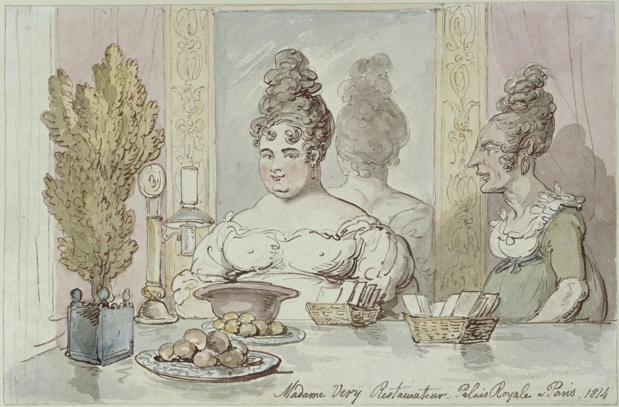 Paní Véry, majitelka restaurace. Palais Royal v Paříži od Thomas Rowlandson