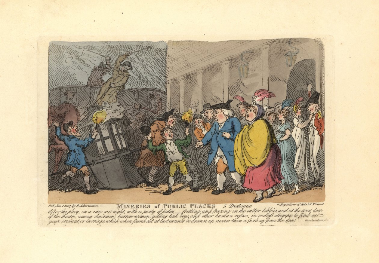 Muž a dámy hledající kočár v davu v dešti. od Thomas Rowlandson
