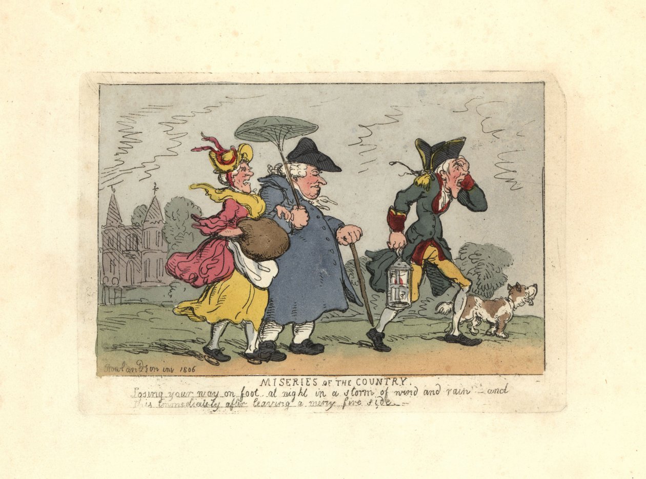 Muž a žena ztracení na venkově v noční bouři. od Thomas Rowlandson