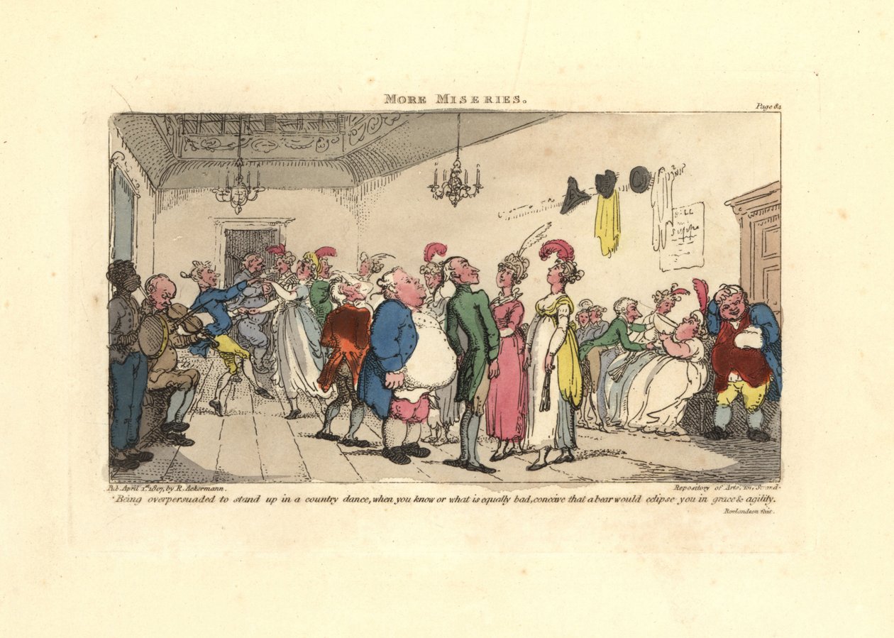 Muž v rozpacích, že ho přiměli tančit na country tanci. od Thomas Rowlandson
