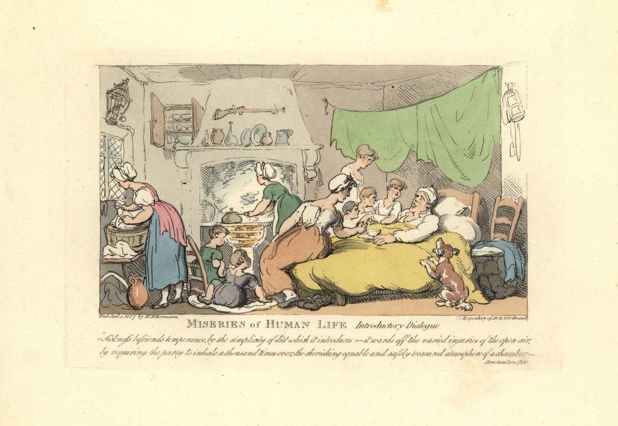 Muž ve své nemocné posteli obklopen milující manželkou, dětmi a mai od Thomas Rowlandson