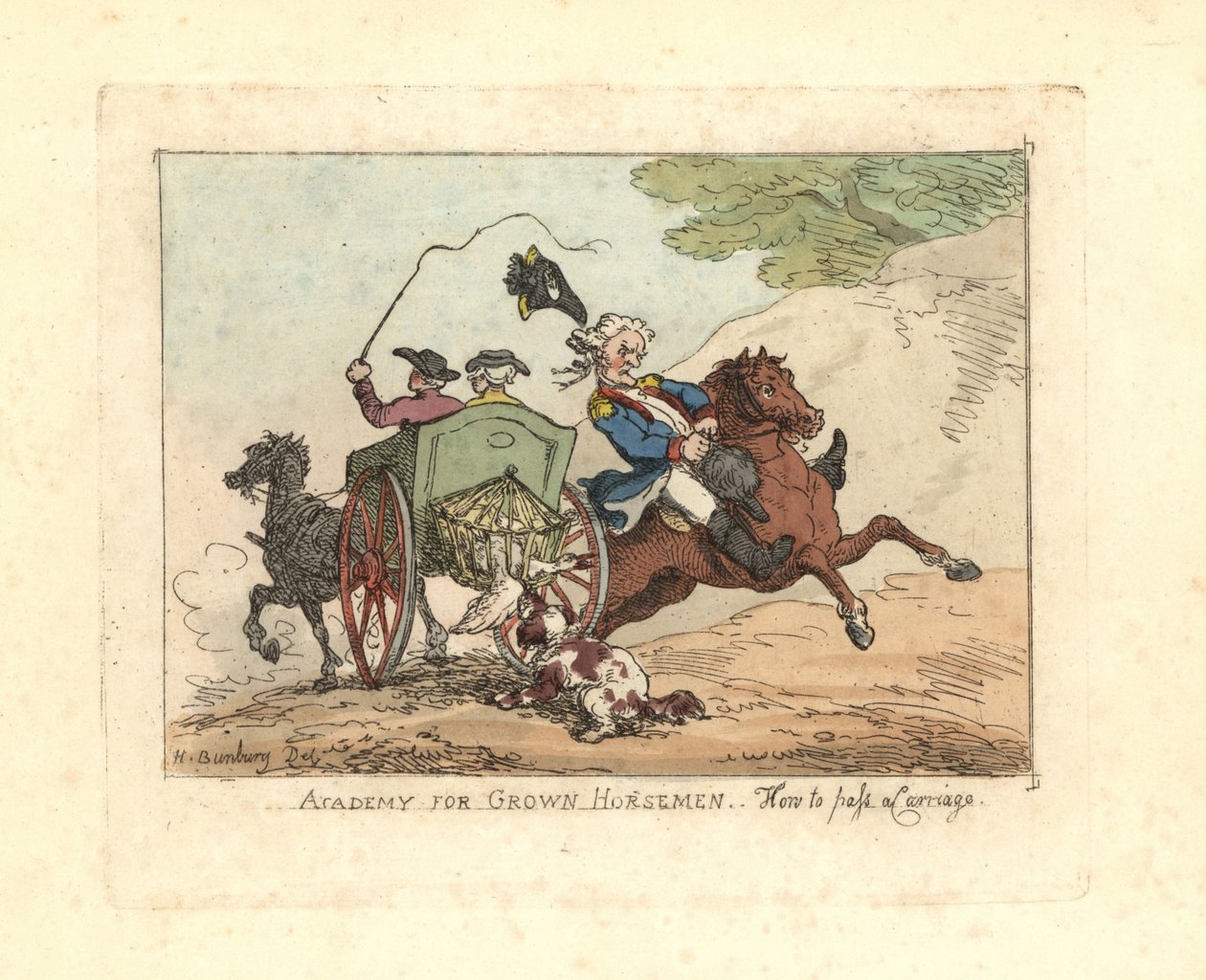 Muž ztrácí kontrolu nad svým koněm, když míjí kočár. od Thomas Rowlandson