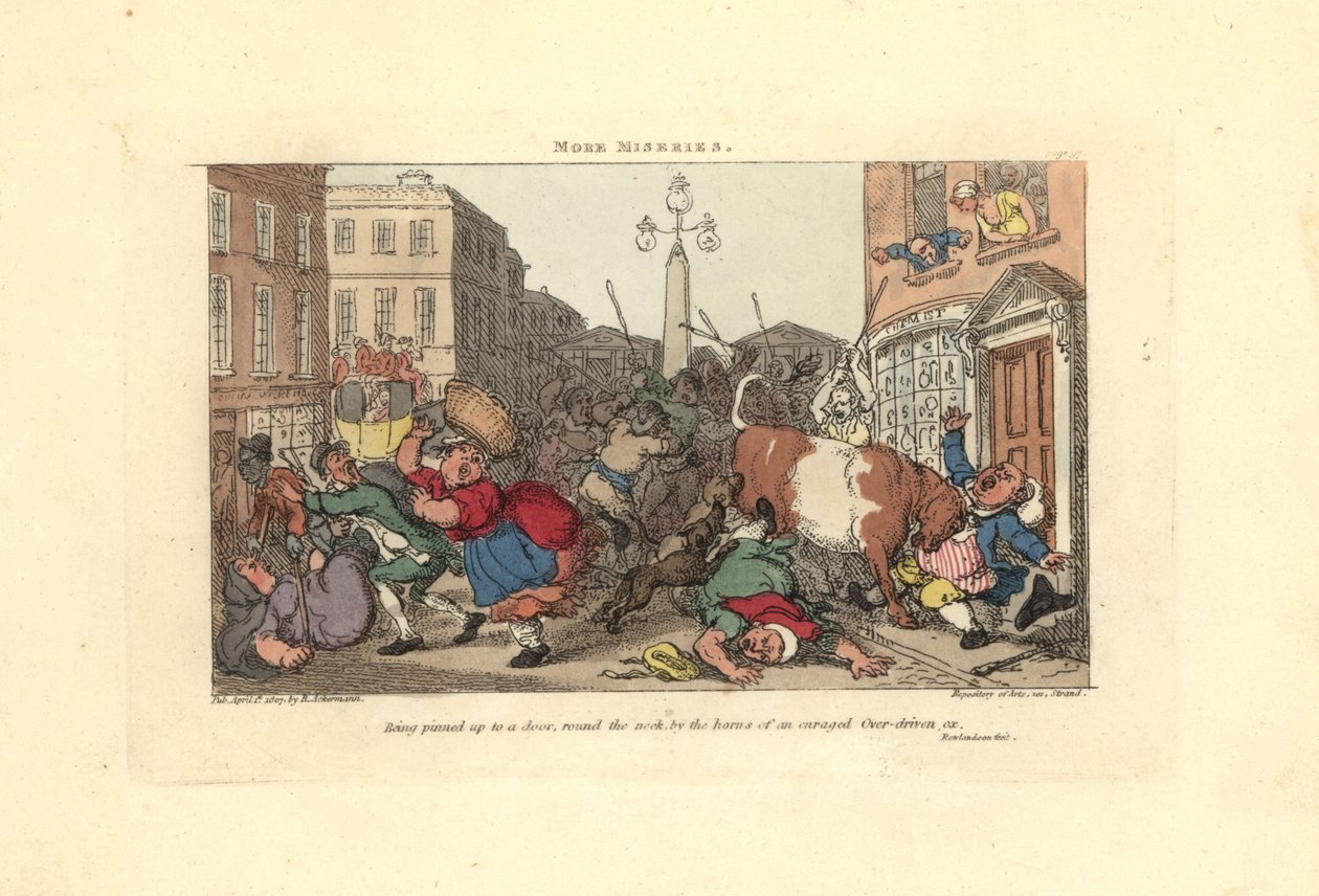 Muž přišpendlený ke dveřím rohy rozzuřeného vola. od Thomas Rowlandson