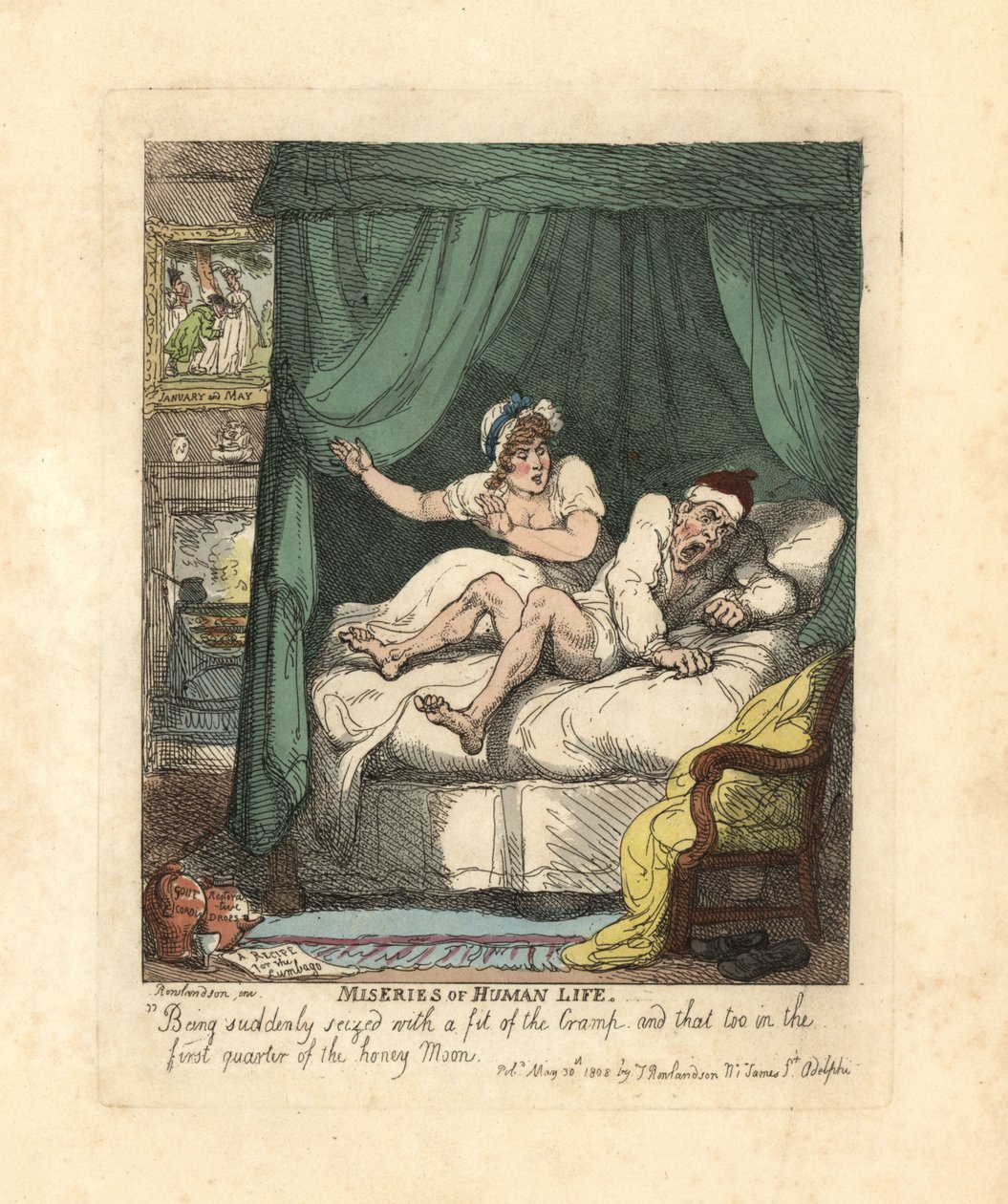 Muž zachvátila křeče v nohách na svatební posteli. od Thomas Rowlandson