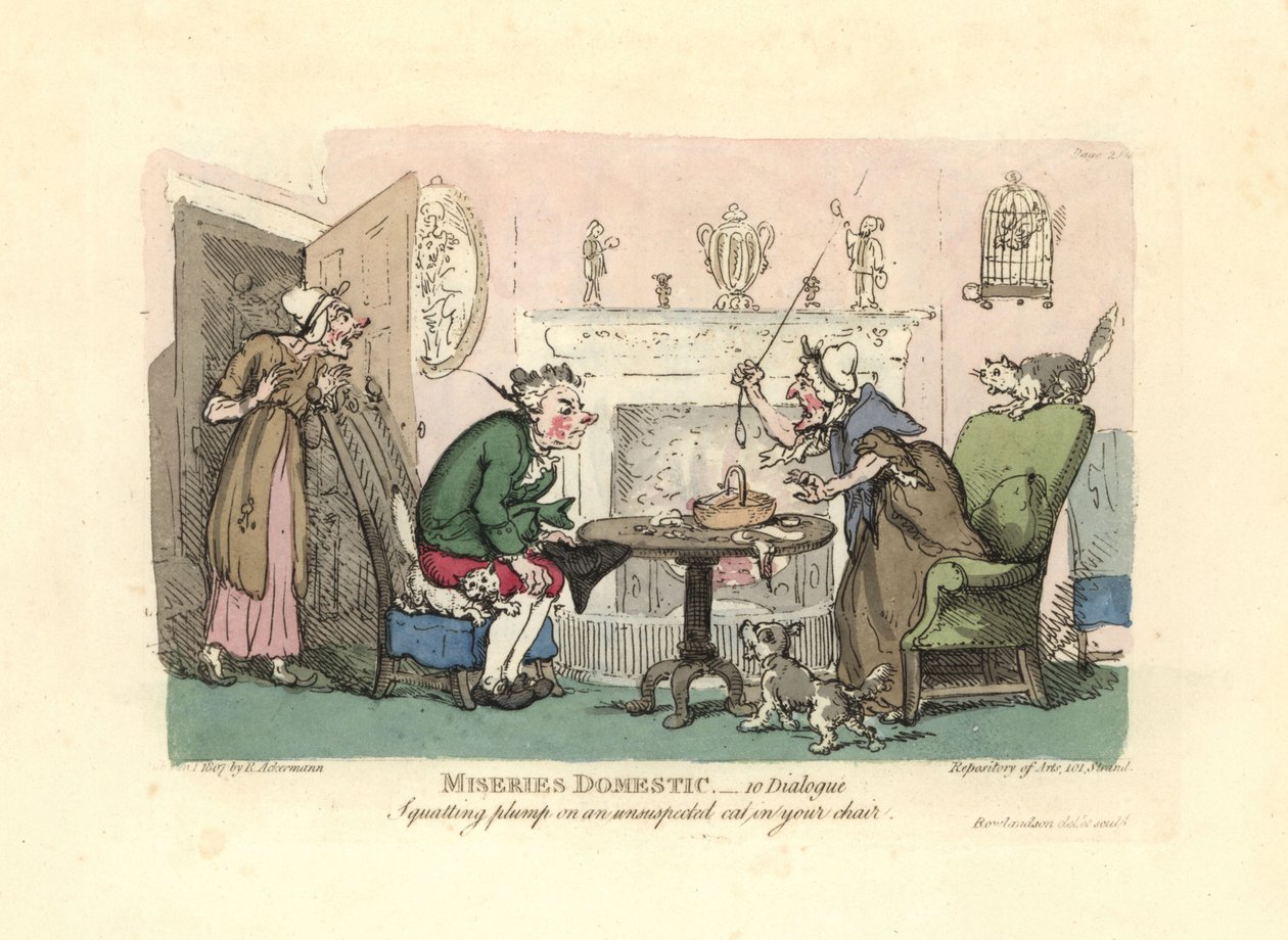 Muž sedící na překvapené kočce ve svém křesle. od Thomas Rowlandson