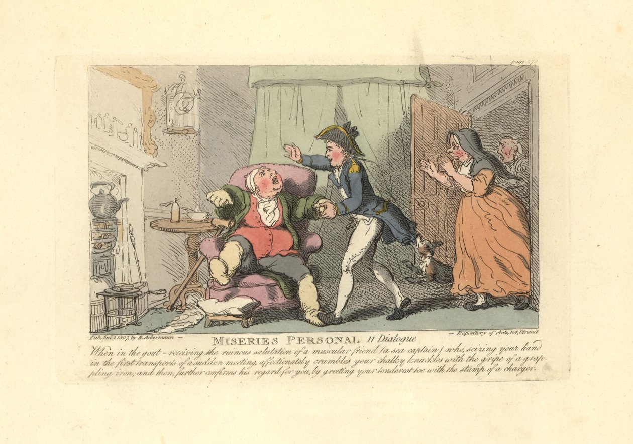 Muž trpící dnou bolestivě pozdravil námořník. od Thomas Rowlandson
