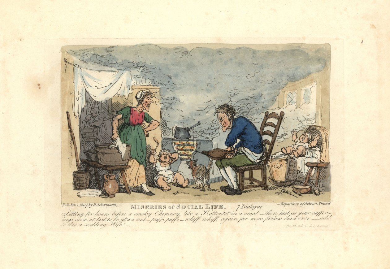 Muž pomocí měchů před ohněm v zakouřené místnosti. od Thomas Rowlandson
