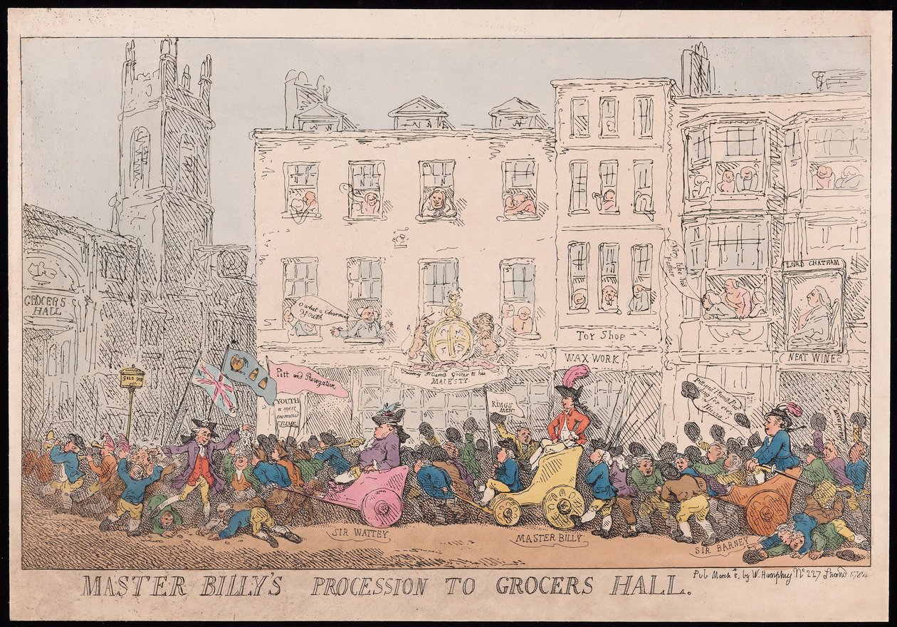 Průvod mistra Billyse do Grocers Hall, hospoda. 1784 (ručně kolorovaná rytina) od Thomas Rowlandson