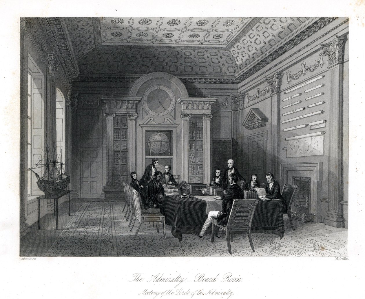 Setkání lordů admirality v zasedací místnosti, admirality. Ocelová rytina Henry Melville podle ilustrace Thomase Rowlandsona z London Interiors, Their Costumes and Ceremonies, Joshua Mead, Londýn od Thomas Rowlandson