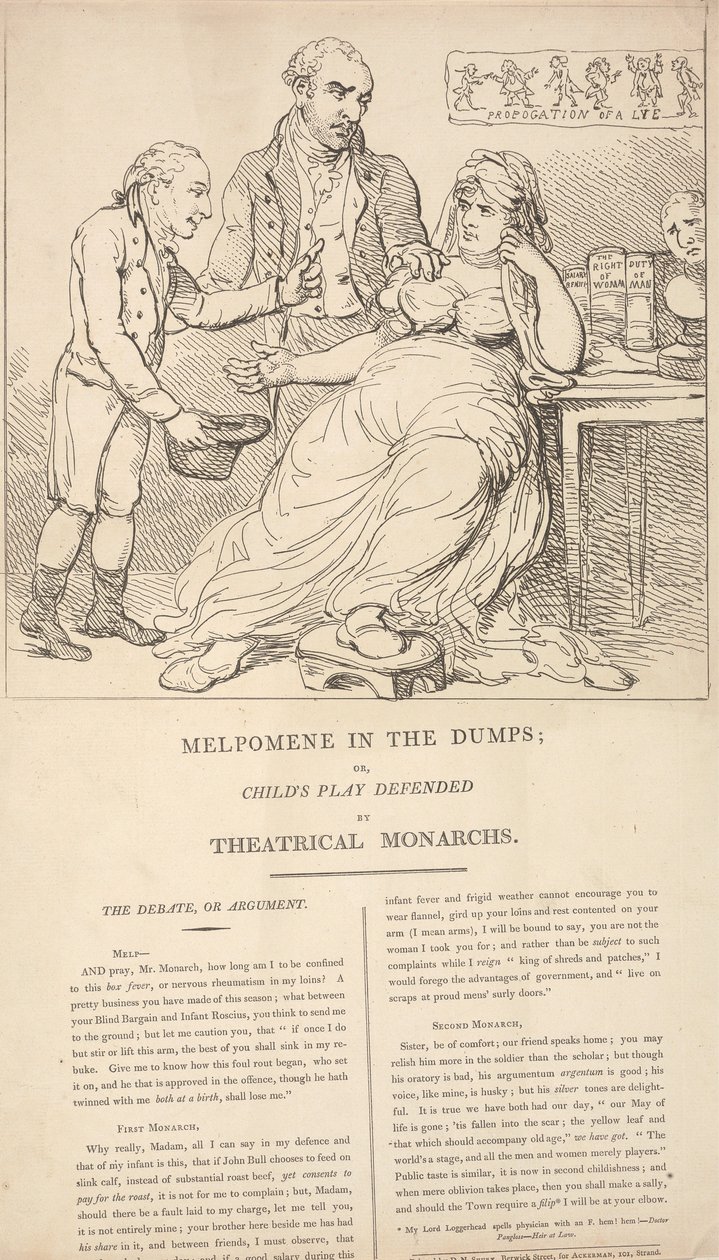 Melpomene v depresi; aneb Dětská hra v obraně divadelních panovníků od Thomas Rowlandson