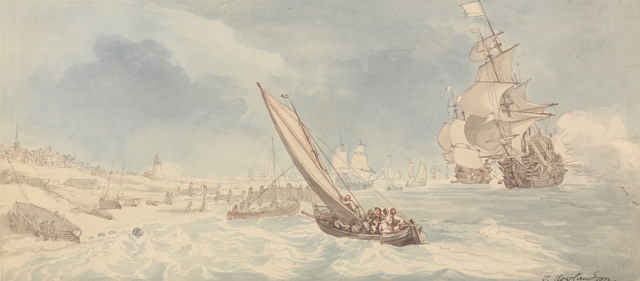 Válečné lodě a plachetnice u pobřeží od Thomas Rowlandson