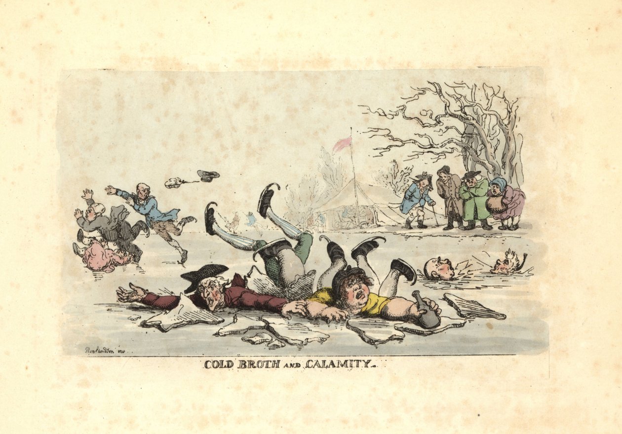 Muži a ženy bruslí na tenkém ledě a padají do mrazivého ri od Thomas Rowlandson