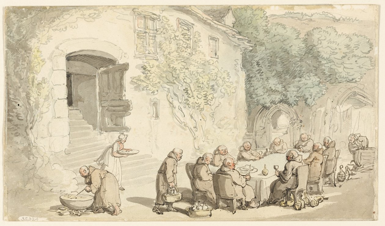 Mniši večeří venku (recto); Vesnická ulice (verso) od Thomas Rowlandson
