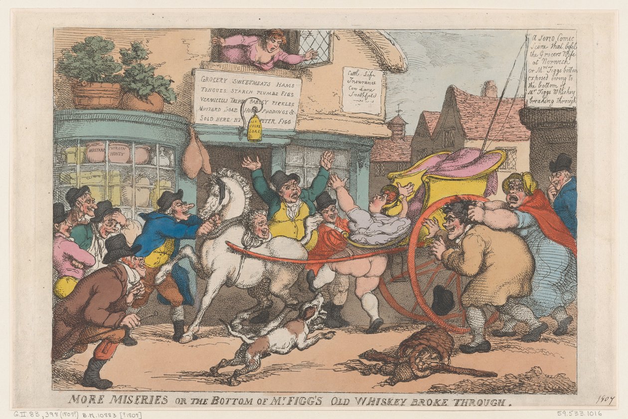 Další strasti: Dno staré láhve od whisky pana Figga prasklo od Thomas Rowlandson