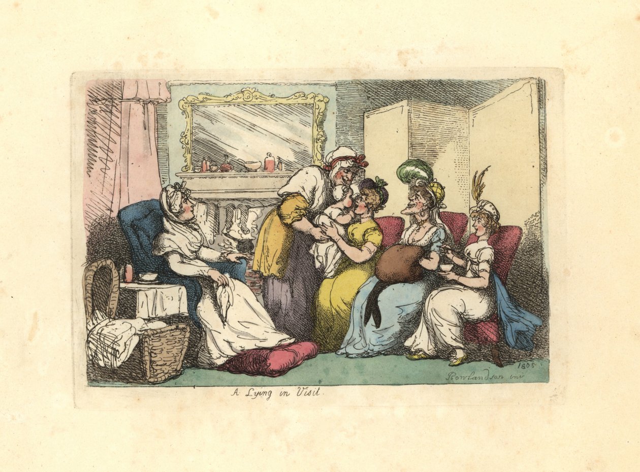 Matka s nově narozeným dítětem navštívilo několik žen v salonu. od Thomas Rowlandson