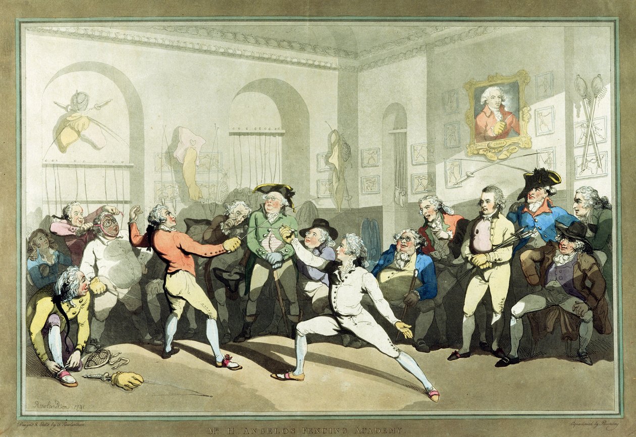 Šermířská akademie pana H. Angela, rytina Charles Rosenberg, 1791 (ručně kolorovaná akvatinta) od Thomas Rowlandson