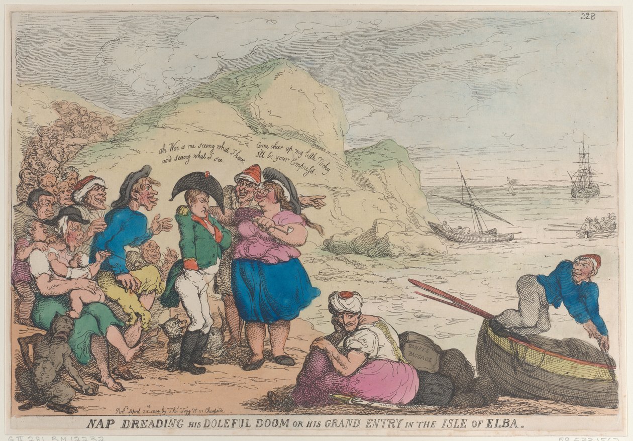 Nap děsící se jeho žalostné zkázy nebo jeho velkého vstupu na ostrově Elba, 20. dubna ..., 20. dubna 1814. od Thomas Rowlandson
