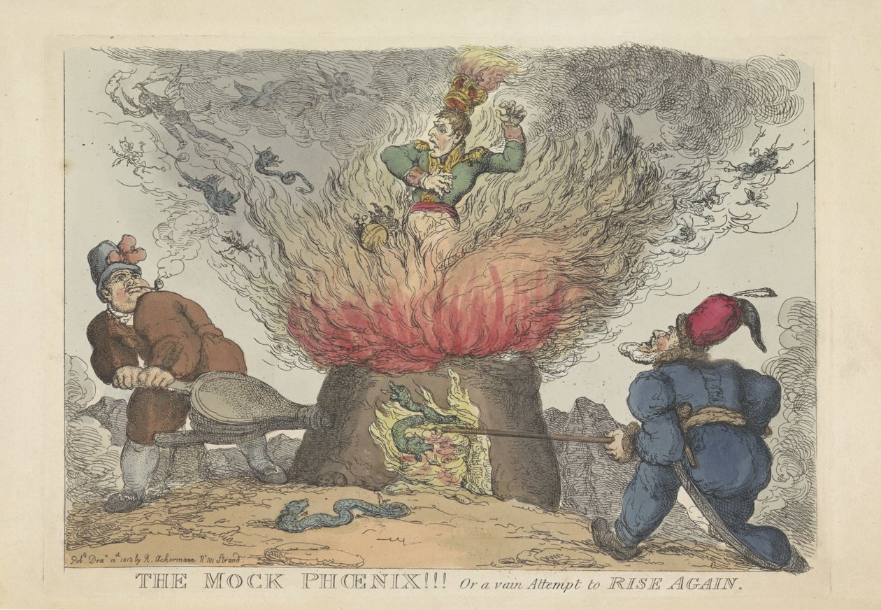 Napoleon als valse fenix, 1813 Mock Phoenix!!! Nebo marný pokus znovu povstat (název na objektu) od Thomas Rowlandson