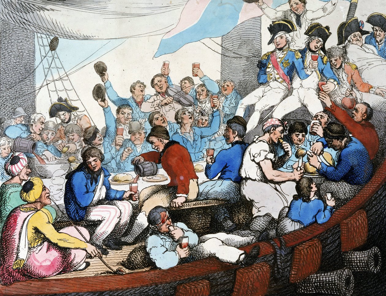Napoleonské války, egyptské tažení (expedice) (1798-1801): Admirál Horatio Nelson (1758-1805) slaví se svými vojáky slavné vítězství v bitvě na Nilu (bitva u Abúkiru) (srpen 1798) na palubě své lodi. od Thomas Rowlandson