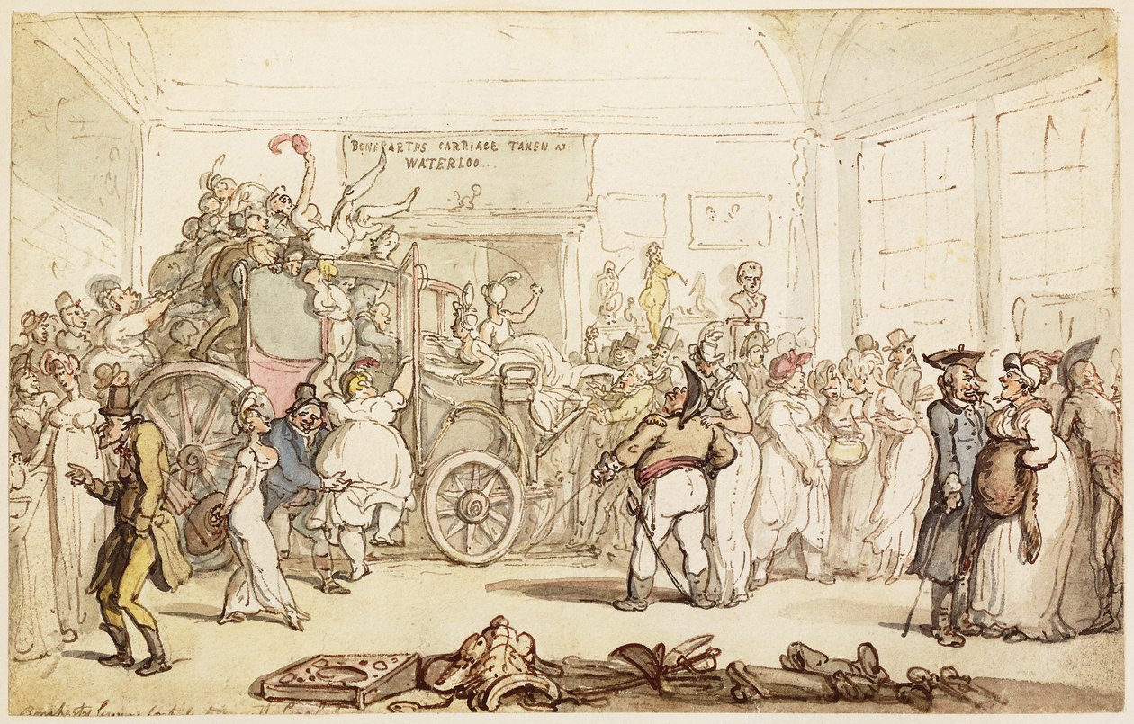 Napoleonův autobus při pohledu na módní Londýn, z „Historického popisu tažení v Nizozemsku, v roce 1815“, 1817 od Thomas Rowlandson