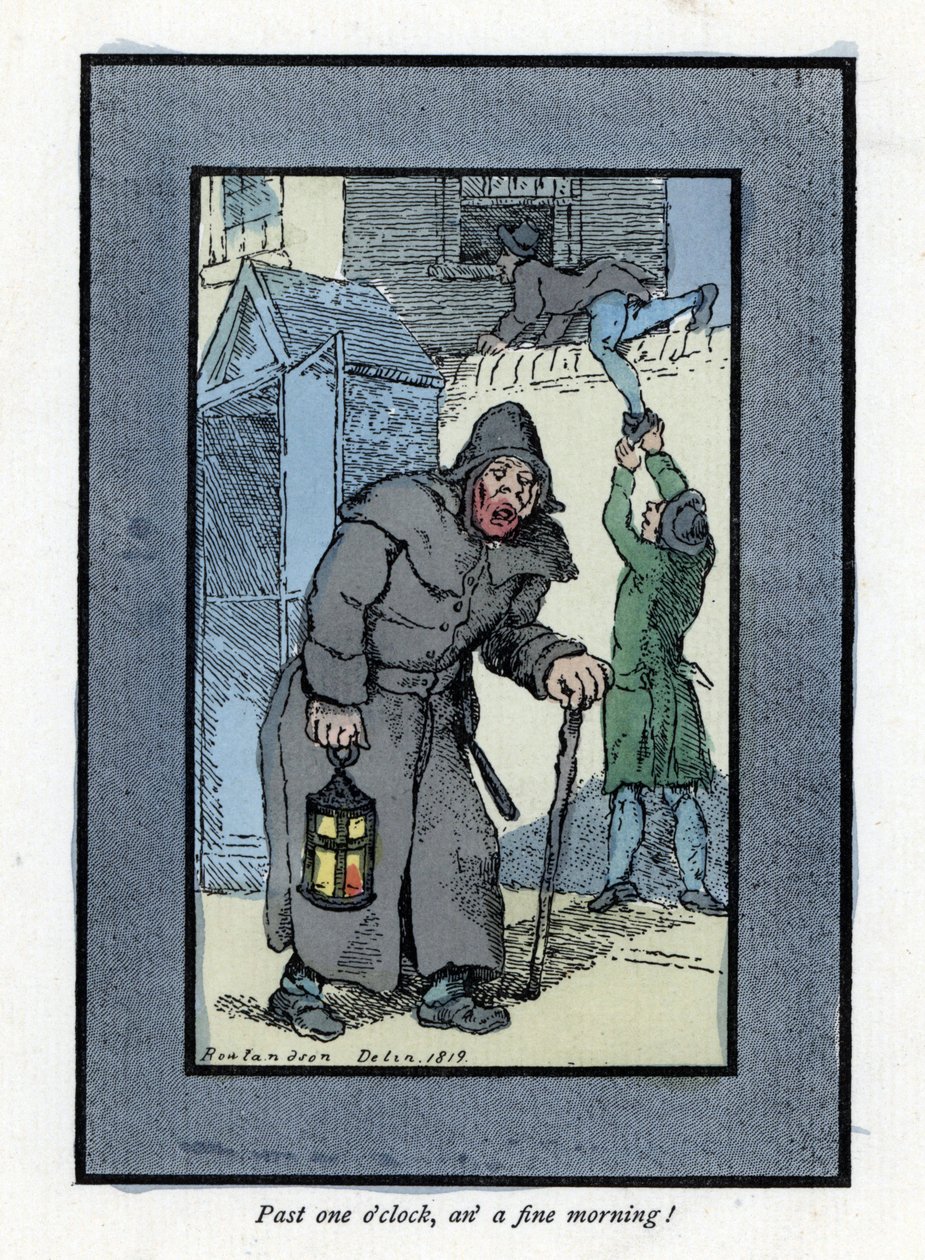 Noční hlídač s lucernou a holí, nevšímavý ke dvěma zlodějům vstupujícím do domu za ním (1819). Dřevoryt podle malby Thomase Rowlandsona (1756-1827), publikované v The Cris of London: se šesti okouzlujícími dětmi a téměř 40 iluzemi od Thomas Rowlandson