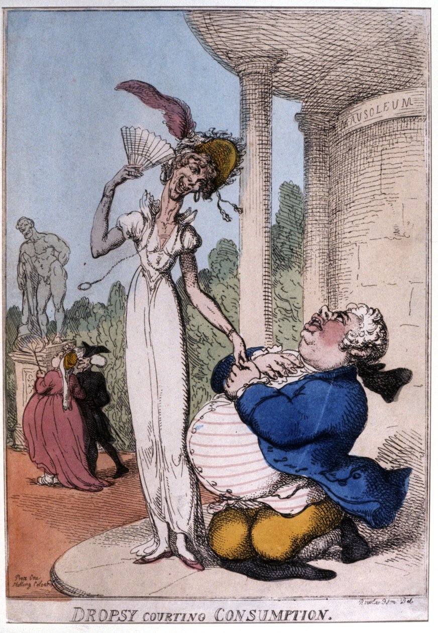 Obézní muž dvořící se pacientovi s tuberkulózou: vodnatelnost a konzum, počátek 19. století (karikatura) od Thomas Rowlandson