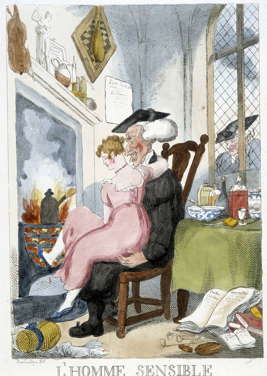 Starý muž (esiastický) tápe mladou ženu sedící na kolenou - karikatura Rowlandson od Thomas Rowlandson