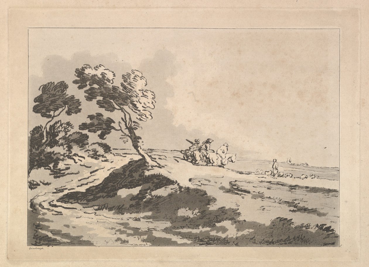 Otevřená krajina se třemi jezdci ve střední vzdálenosti směřujícími doprava, Windblo..., 1784-88. od Thomas Rowlandson