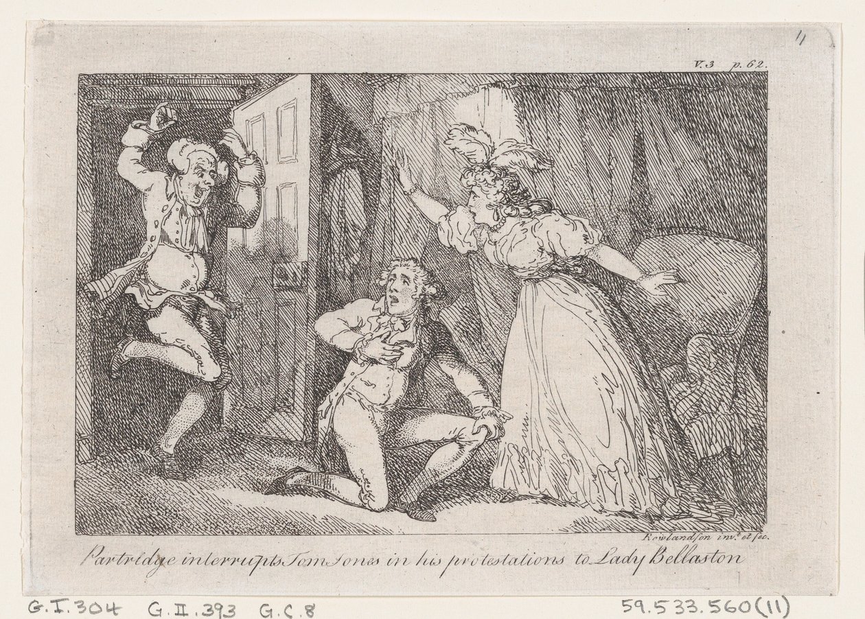 Partridge přeruší Toma Jonese v jeho Protestations to Lady Bellaston, z Historie o..., 1792. od Thomas Rowlandson