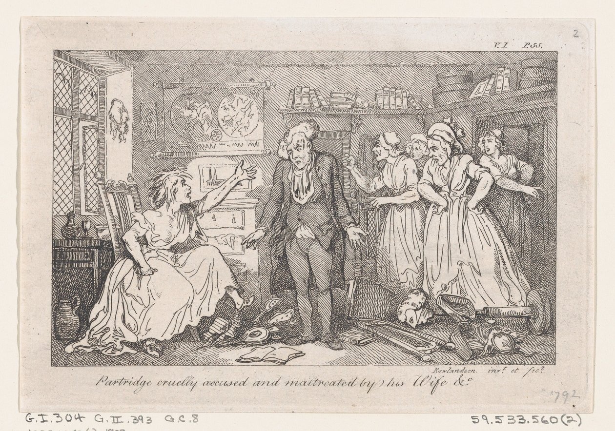 Partridge krutě obviněn a týrán svou manželkou, z Historie Toma Jonese, Fo..., 1792. od Thomas Rowlandson